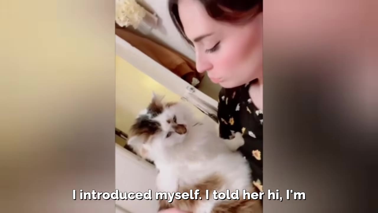 A woman holding a fluffy white and brown cat close to her chest as she looks down at it lovingly.