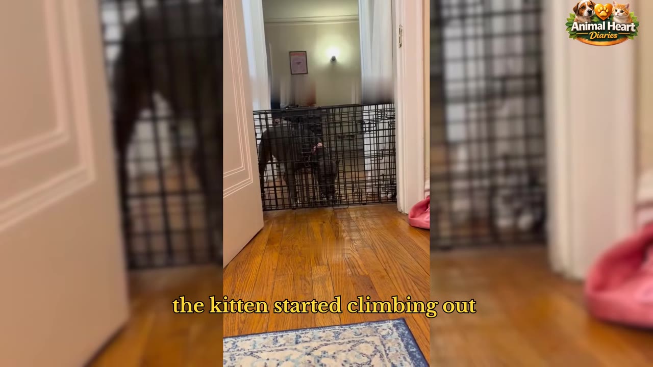 A black dog stands behind a metal pet gate blocking a doorway in a hallway with wooden floors.