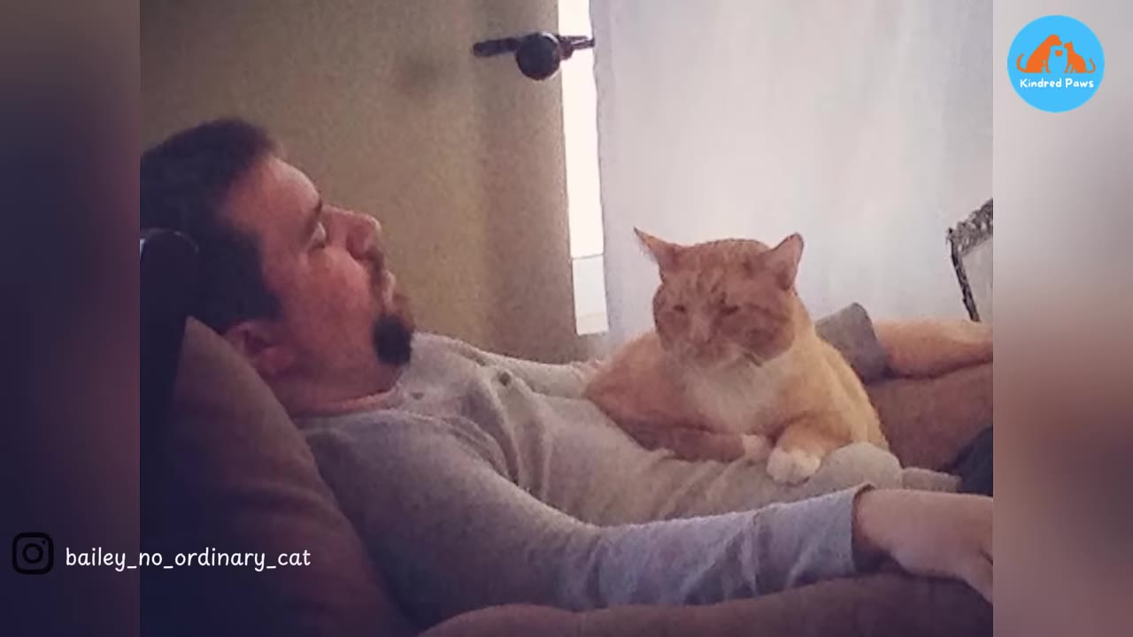 An orange and white cat rests on the chest of a man reclining on a couch.