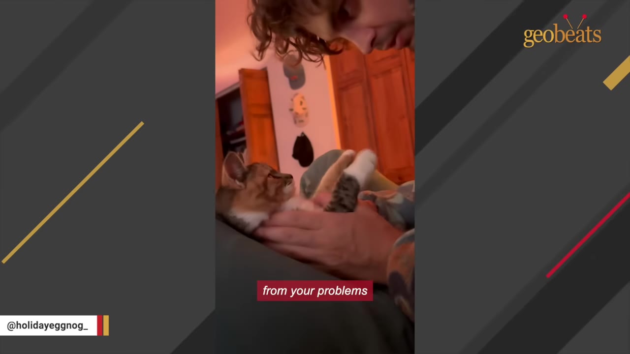 A young man gently cradles and pets a calico cat lying on its back in his lap.