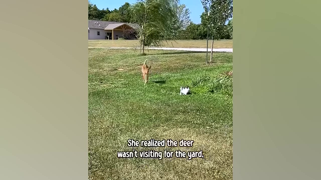 A young deer and a black and white kitten interact in a grassy yard with a house in the background.