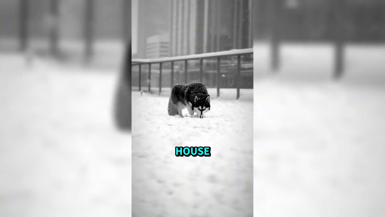 A black and white husky dog stands alert in the snow on a balcony, looking forward.