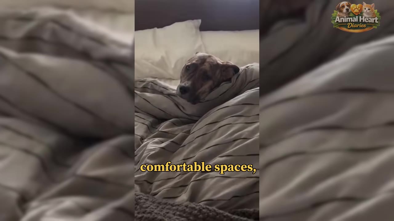 A brindle dog tucked comfortably under a striped blanket on a bed, looking relaxed.