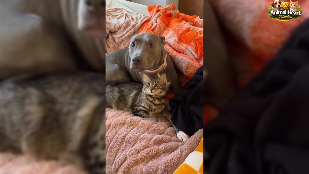 A gray pit bull with wide eyes and a tabby kitten sit together on a pink blanket.
