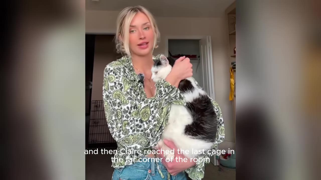 A woman with blonde hair wearing a green patterned shirt holds a black and white cat in her arms.