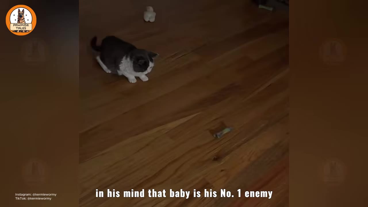 A small grey and white kitten crouches low on a wooden floor, looking forward with a focused expression.