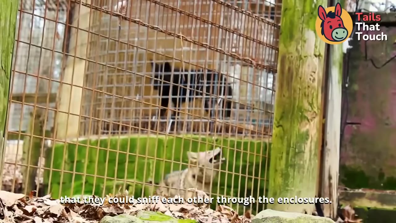 A light-colored wolf-like animal in a fenced enclosure looks up and sniffs through a wire mesh barrier toward a darker animal in an adjacent enclosure.