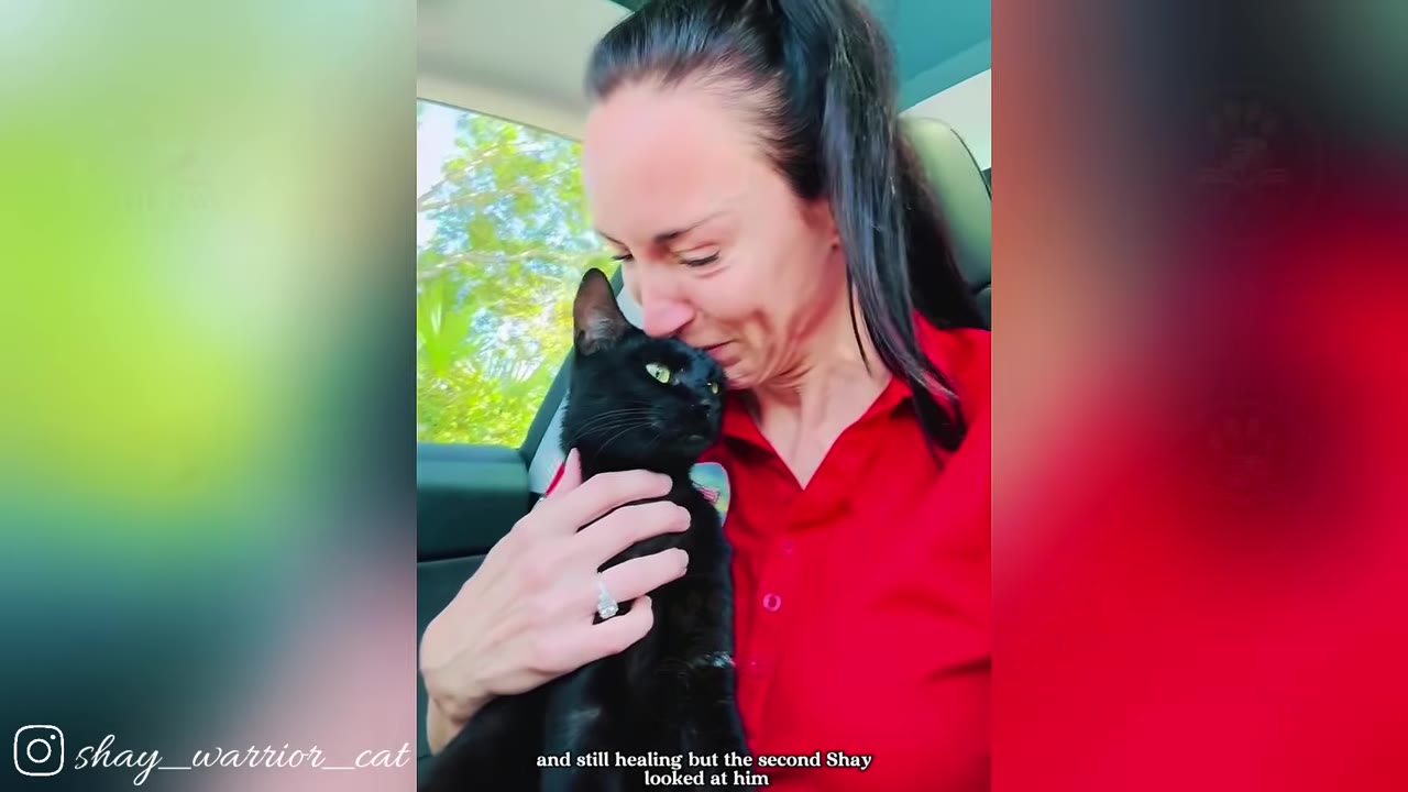 A close-up of a woman in a red shirt holding a black cat close to her face with an emotional, tearful expression.