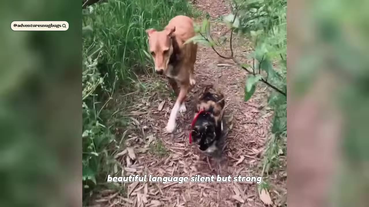 A brown dog and a calico cat walk side-by-side on a dirt path surrounded by green foliage, with the dog looking down toward the cat.