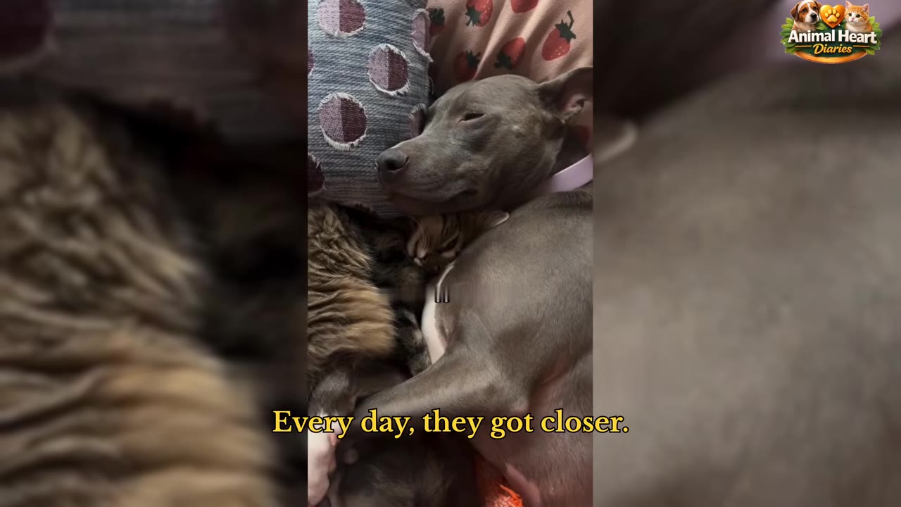 A grey dog and a small tabby kitten sleeping cuddled up together on a bed.