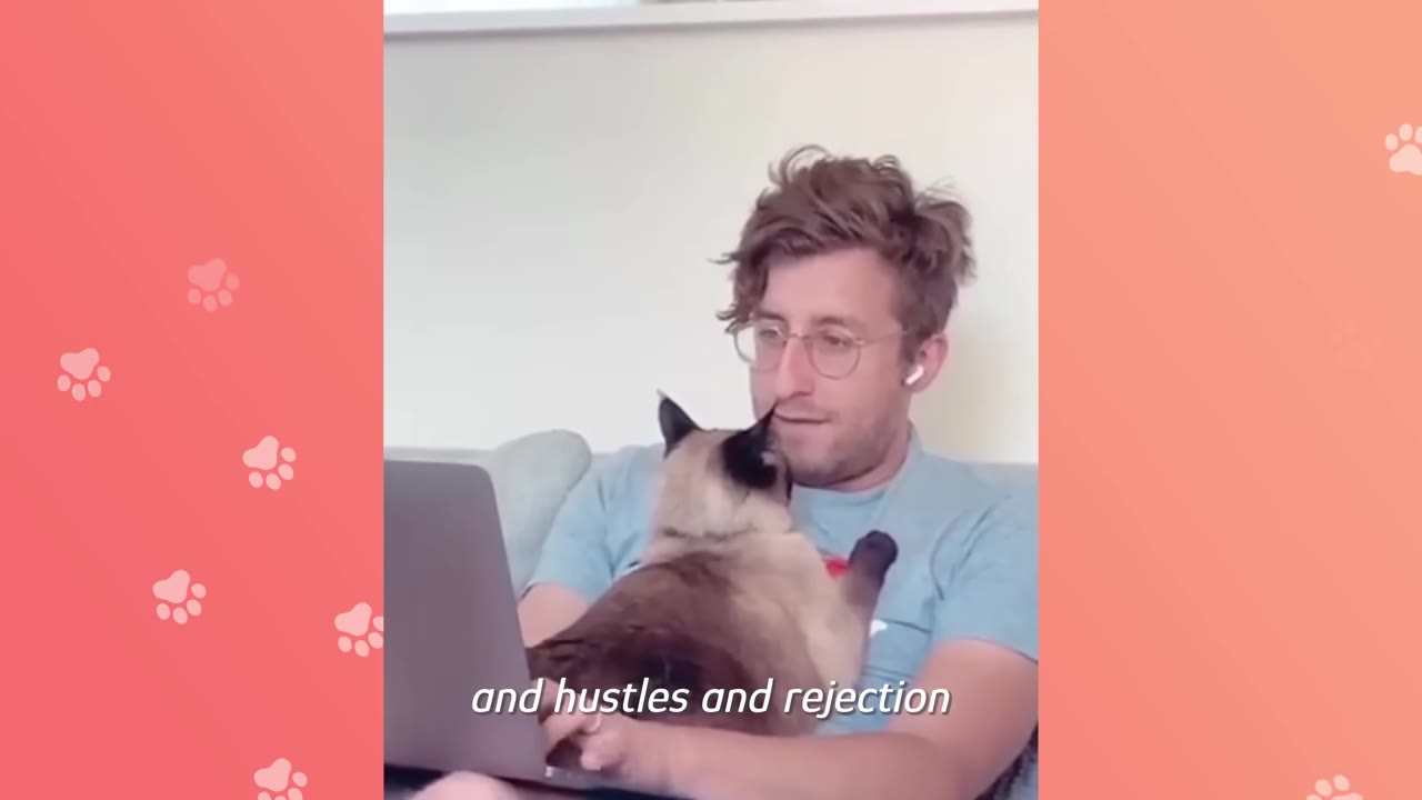 A man wearing glasses sits on a couch working on a laptop with a Siamese cat resting on his lap, with the subtitle 'and hustles and rejection' visible.