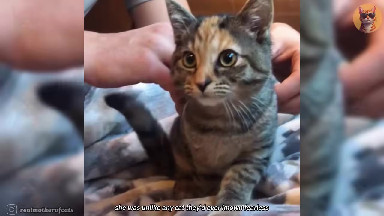 A close-up shot of a small tabby and calico kitten looking alertly at the camera while being gently held by a person's hands.