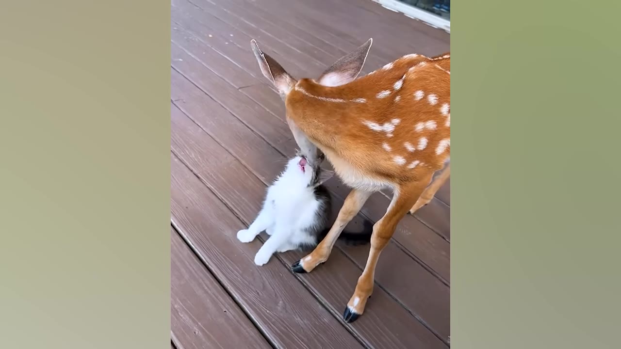 A spotted fawn gently licks the face of a small black and white kitten on a wooden deck.