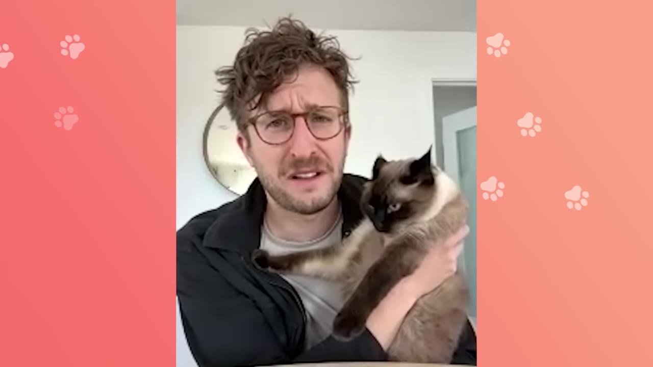 A man with glasses and brown hair holds a Siamese cat in his arms.