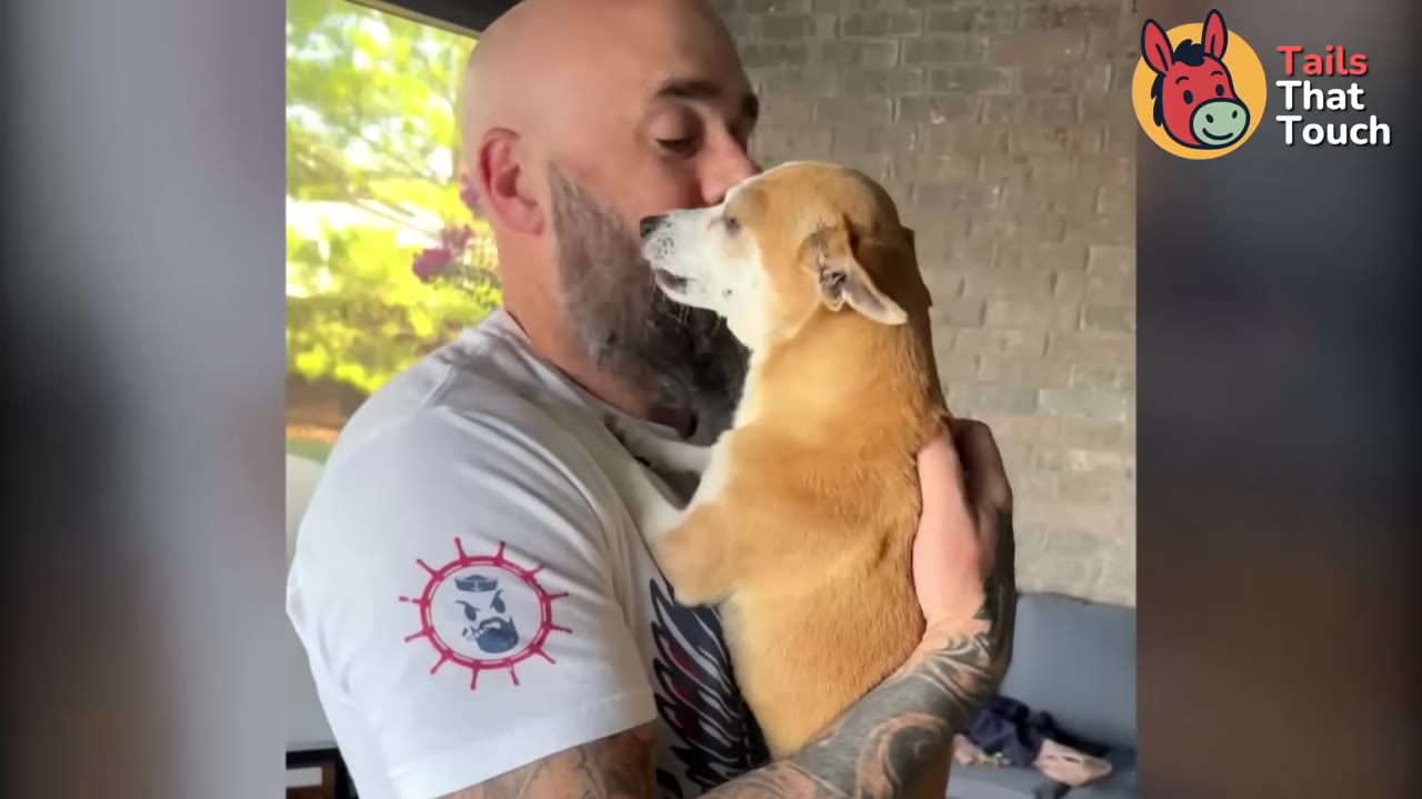 A bald man with a beard and tattoos holding a small brown and white dog close to his face, kissing the dog's head.