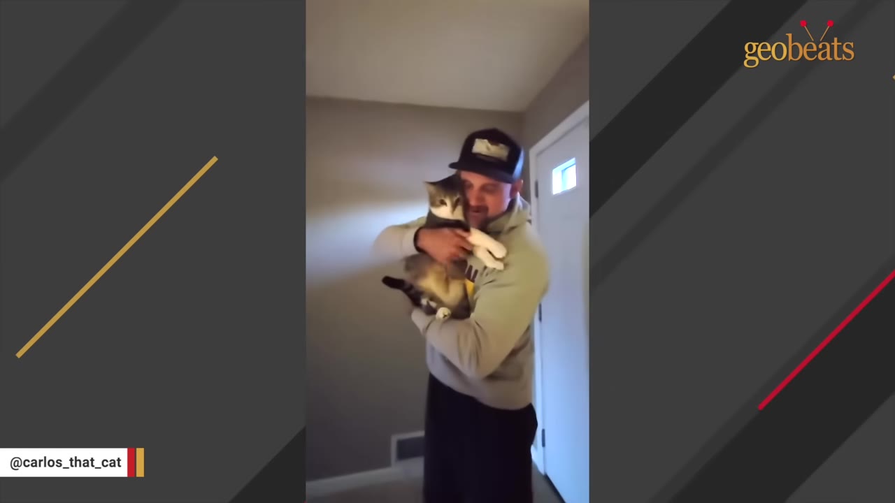 A man wearing a baseball cap and hoodie holds a tabby cat close in his arms near a doorway.