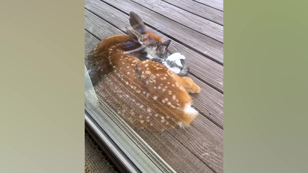 A young spotted fawn and a grey and white cat curled up together, sleeping peacefully on a wooden deck.