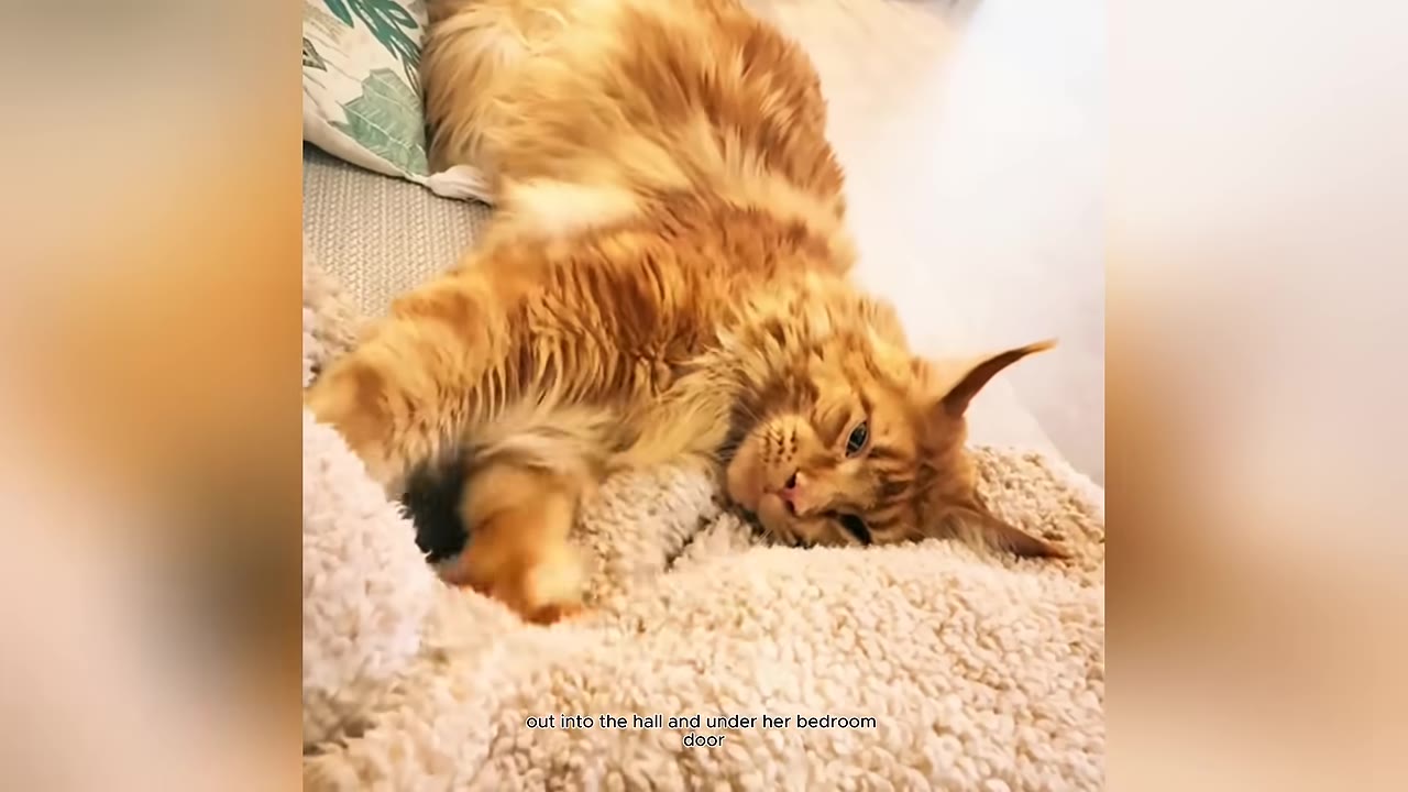 A fluffy orange Maine Coon cat lies on its back on a soft, white textured blanket, looking towards the camera.