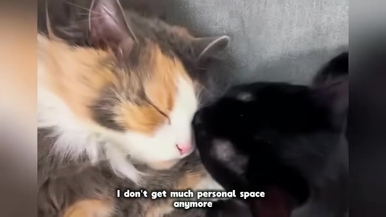 A close-up of a long-haired calico cat and a black cat sleeping close together.
