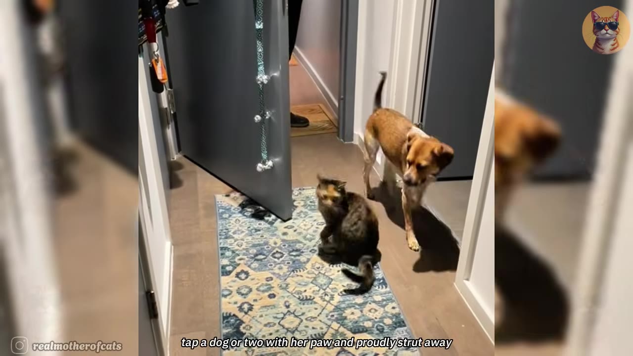 A dark tabby cat sits on a patterned rug near an open doorway as a brown and white dog walks past.