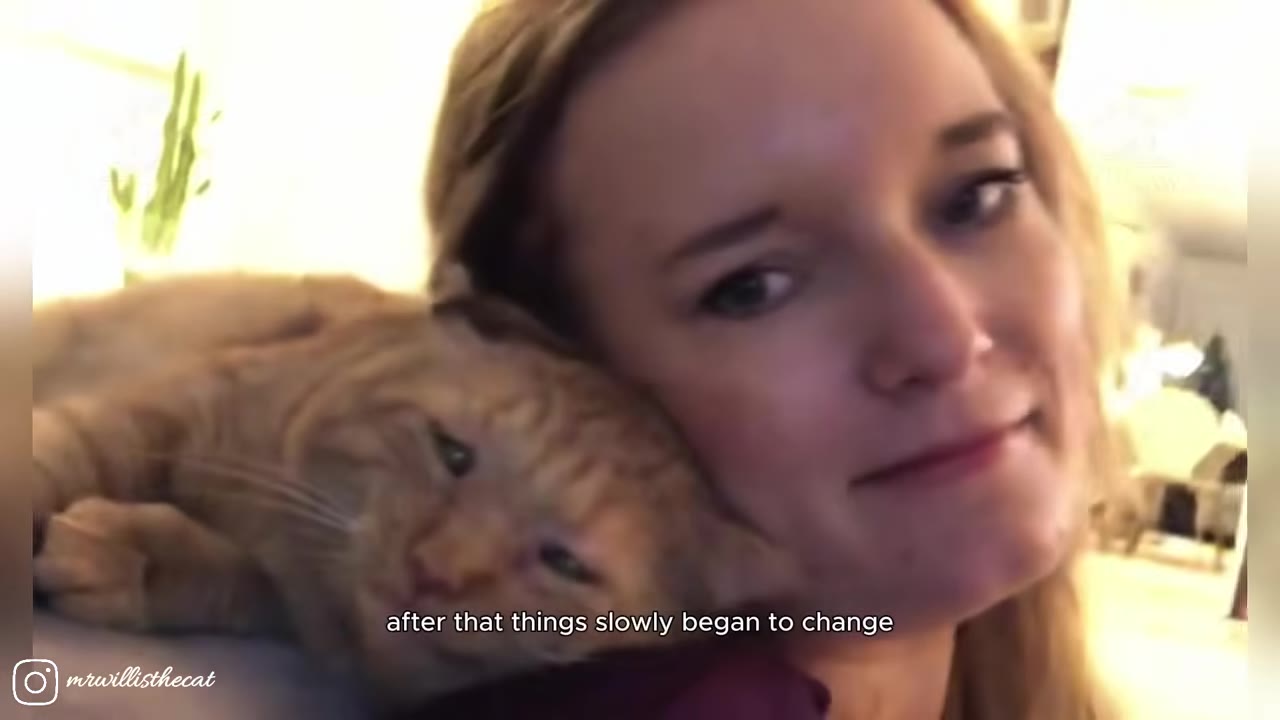 A close-up of a woman smiling gently as an orange tabby cat rests its head on her shoulder, with the subtitle 'after that things slowly began to change' displayed at the bottom.