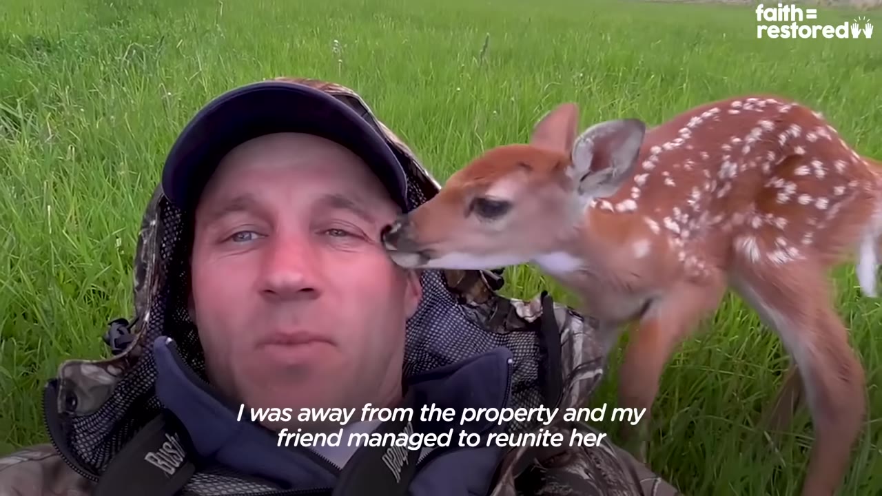 A man in a baseball cap and camouflage jacket lies in a grassy field as a small, spotted fawn nuzzles his cheek, with a subtitle reading 'I was away from the property and my friend managed to reunite her'.