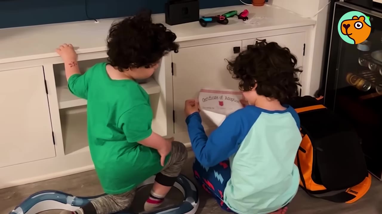 Two young children look at a paper document that reads 'Certificate of Adoption' while sitting on the floor in front of a white cabinet.