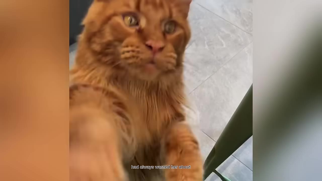 A close-up shot of a large, fluffy orange Maine Coon cat looking alert and attentive.