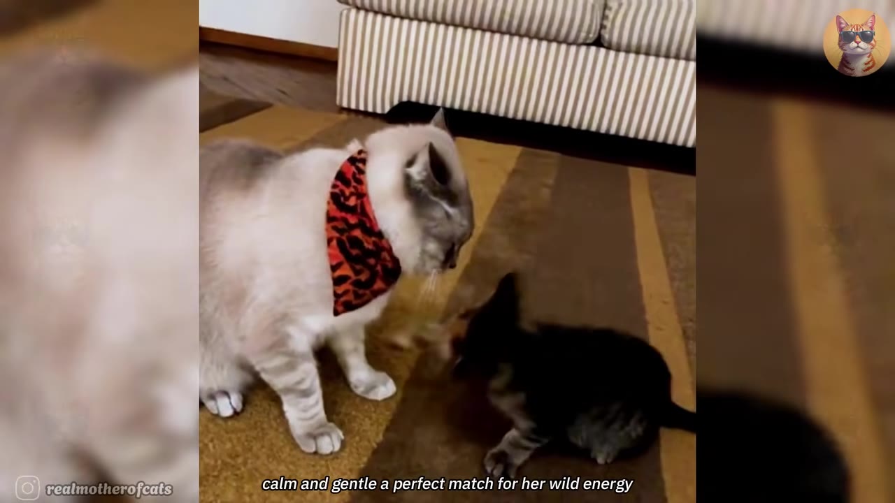 A light-colored cat wearing a red patterned bandana looks down gently at a smaller dark kitten on a rug.