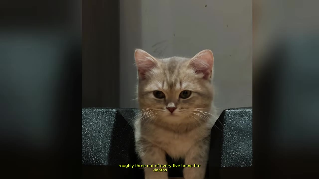 A close-up of a small grey tabby kitten looking directly forward with a serious expression, with yellow subtitle text at the bottom reading 'roughly three out of every five home fire deaths'.