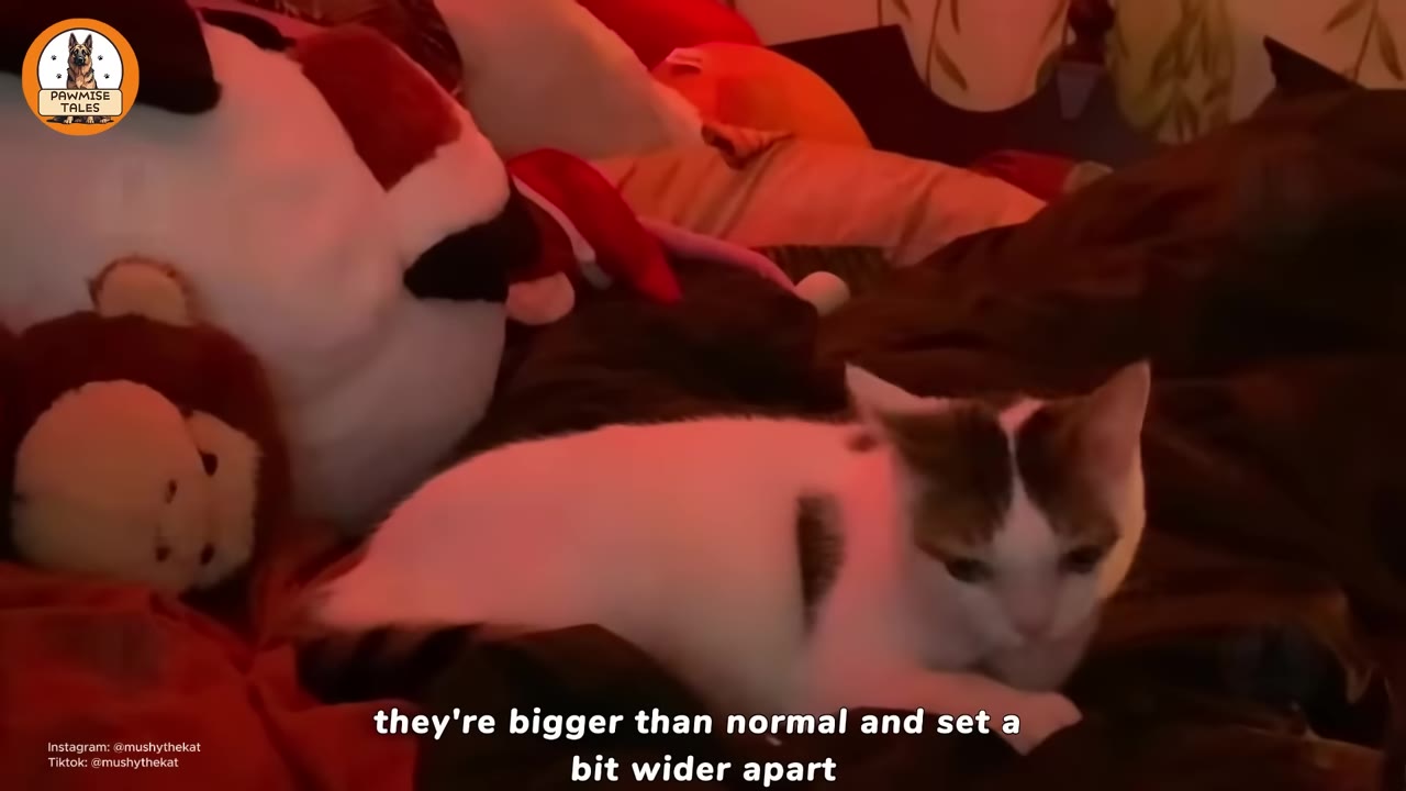 A white and brown tabby cat lying on a bed surrounded by plush toys, looking forward.