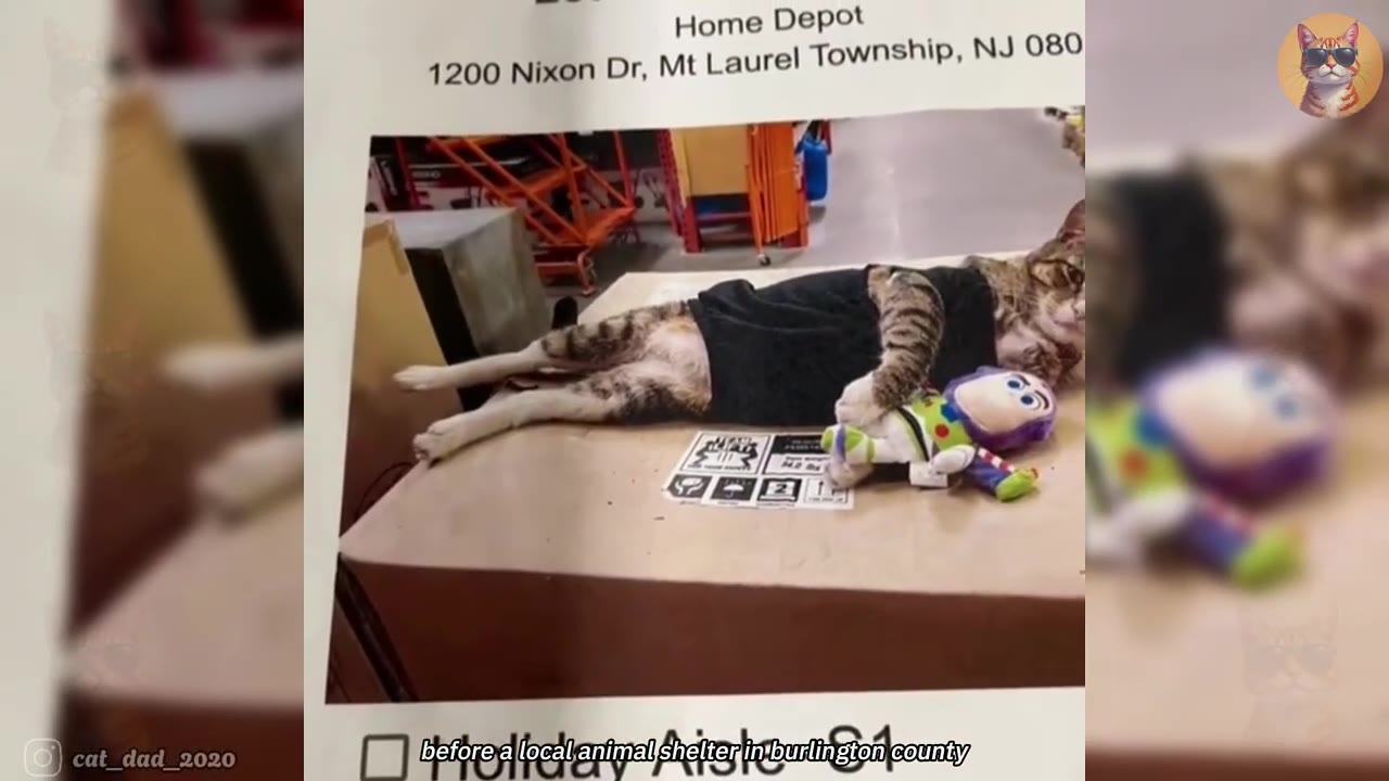 A photograph of a tabby cat wearing a black shirt, lying on a cardboard box inside a store next to a Buzz Lightyear plush toy.