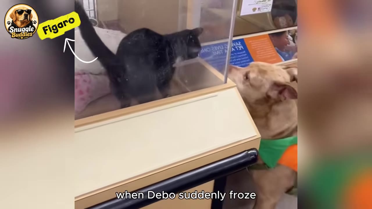 A tan dog wearing a green collar looks up at a black and white cat named Figaro inside a glass display case.