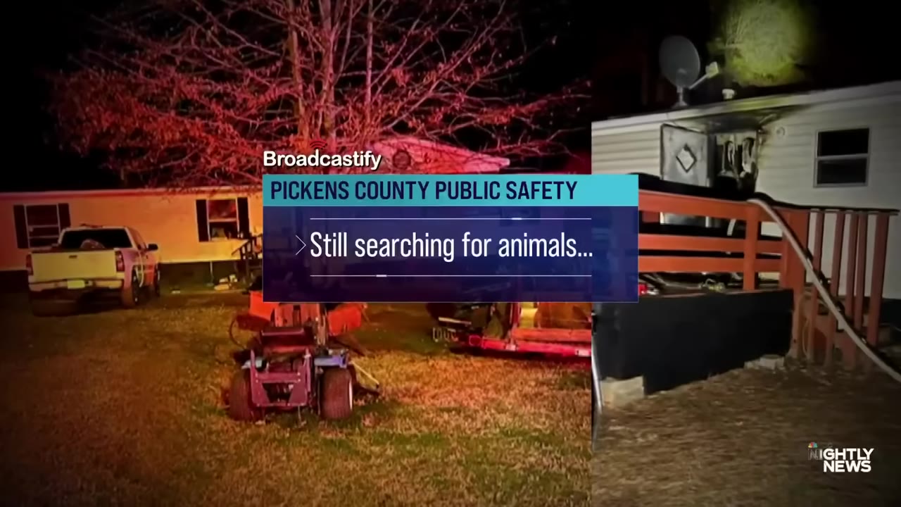 A split-screen image showing a house at night with fire damage on the right, and a lawn with a lawnmower and truck on the left, with a Broadcastify graphic overlay reading "Still searching for animals...".