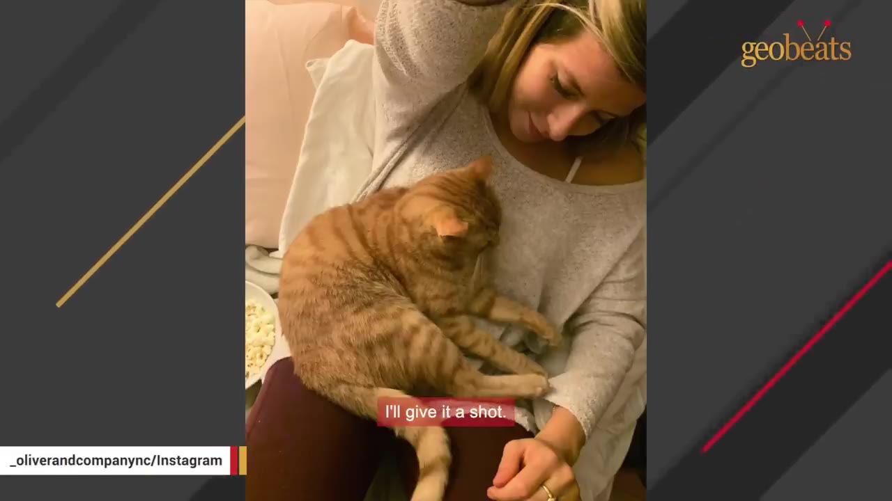 A woman smiles down at an orange tabby cat sitting on her lap.
