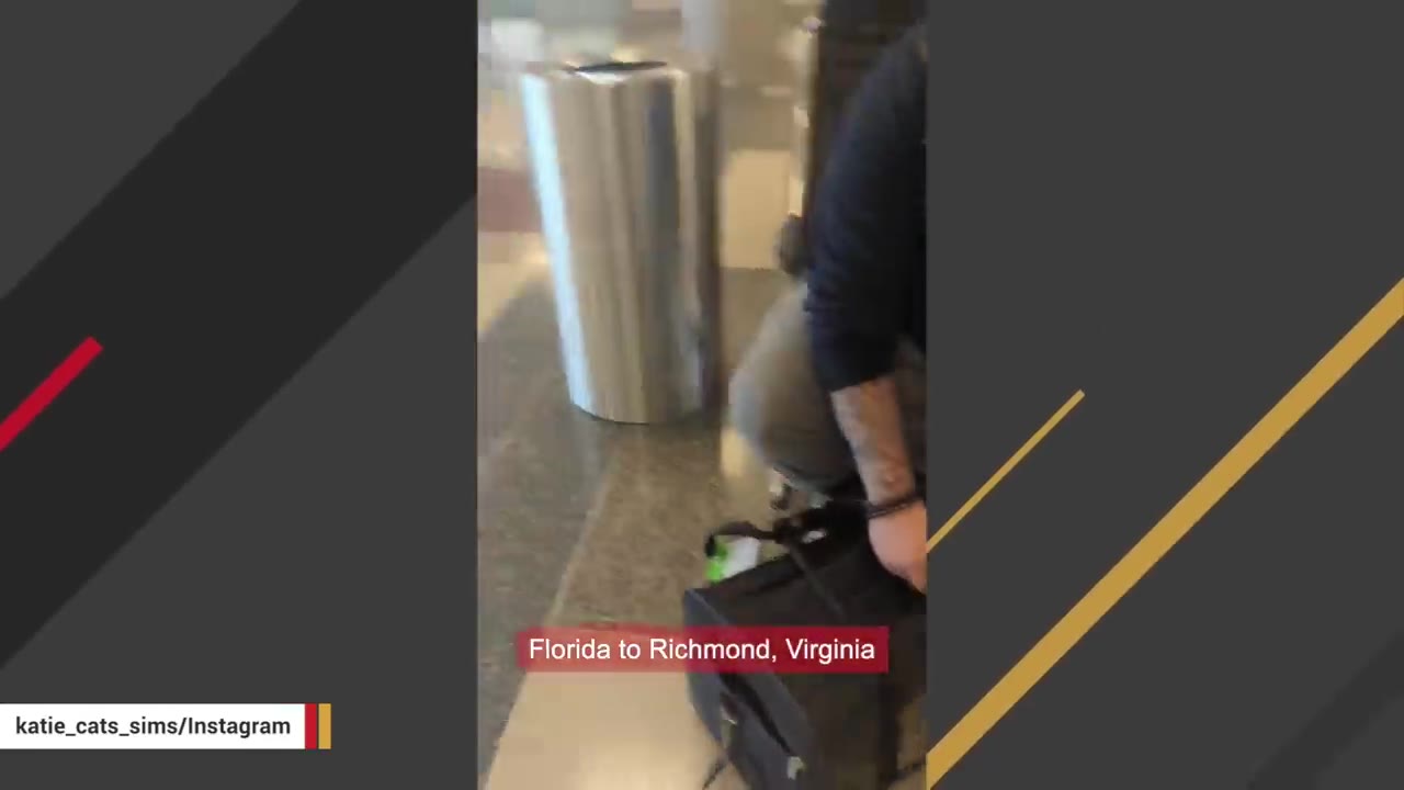 A person kneeling next to a black pet carrier bag on an airport floor, with text overlay reading 'Florida to Richmond, Virginia'.