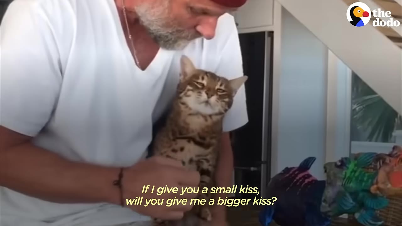 A man in a white shirt holds a brown tabby cat close to his chest while looking down at it affectionately.