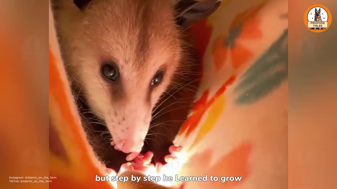 A close-up of a small, young opossum nestled inside a colorful, warm fabric pouch, looking up with dark, gentle eyes.