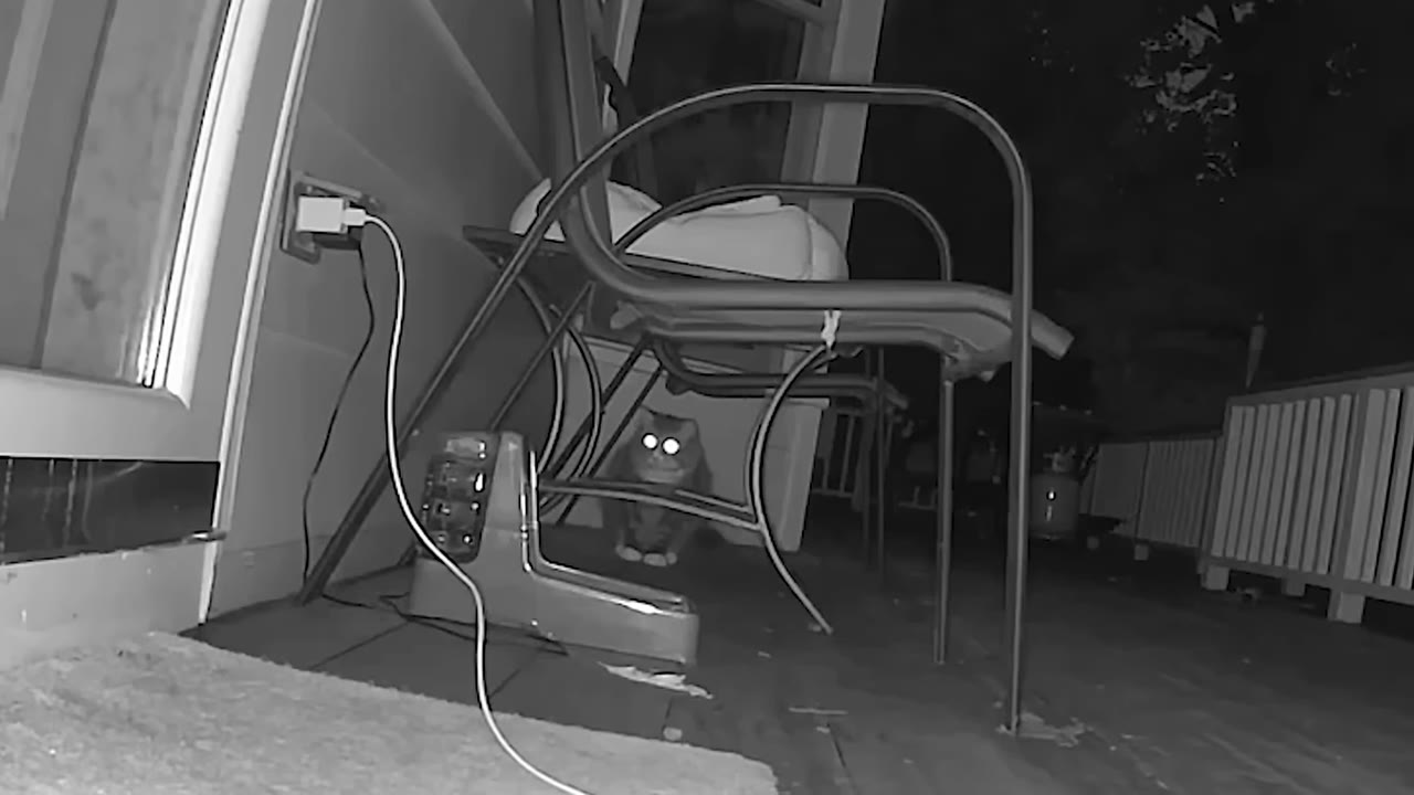 A black and white night-vision camera capture of a cat hiding under a patio chair on a deck, its eyes glowing in the dark.