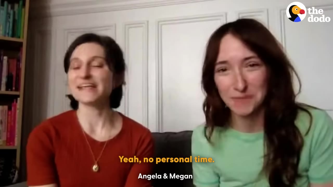 Two women, Angela and Megan, speaking during an interview with the subtitle 'Yeah, no personal time.'
