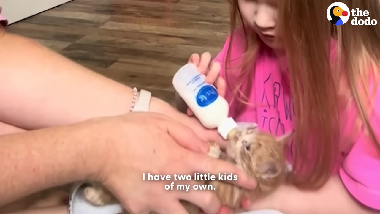 A young girl in a pink shirt bottle-feeds a tiny orange kitten while an adult's hands gently support the kitten.