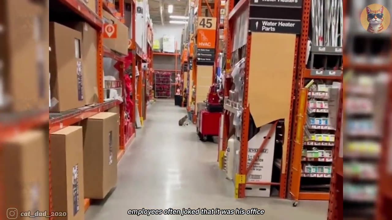 A small grey cat sits quietly in the middle of a wide aisle in a home improvement store, with orange shelving units on both sides and a sign overhead displaying the number 45.