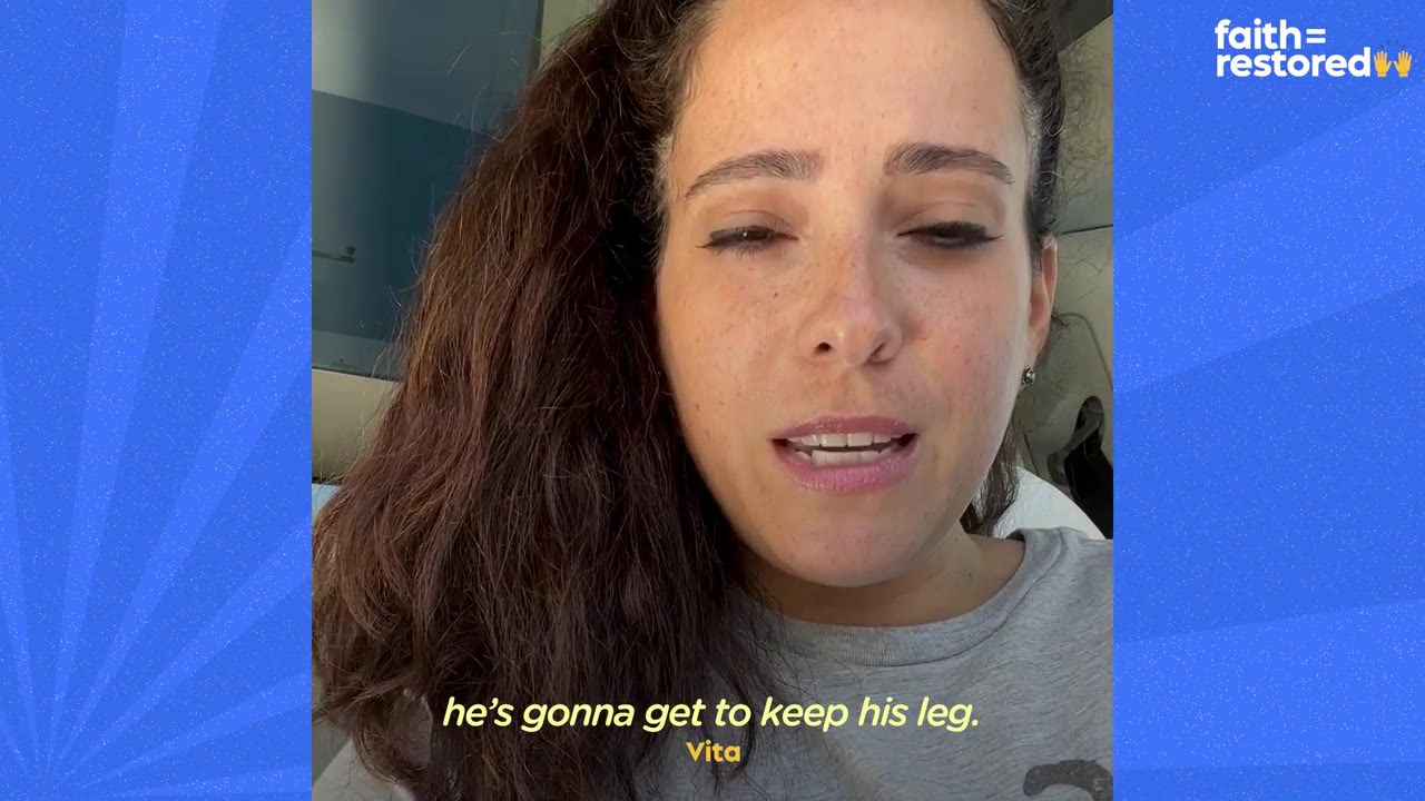 A close-up of a woman named Vita speaking with emotion, with the subtitle 'he's gonna get to keep his leg' displayed at the bottom.