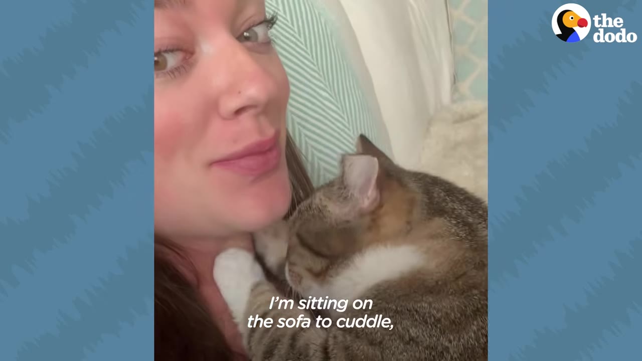 A close-up of a woman sitting on a sofa with a brown and white tabby cat cuddling close to her neck.