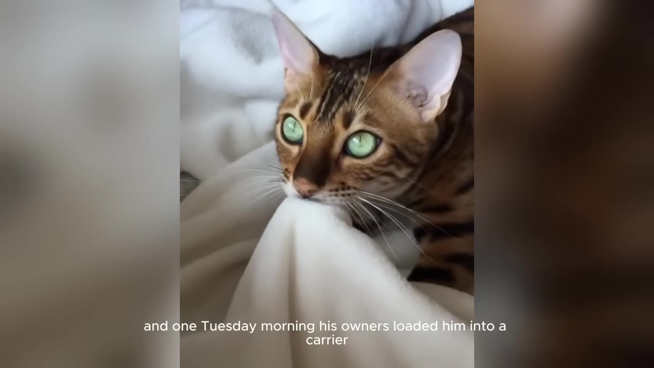 A close-up of a Bengal cat with striking green eyes biting a soft white blanket.