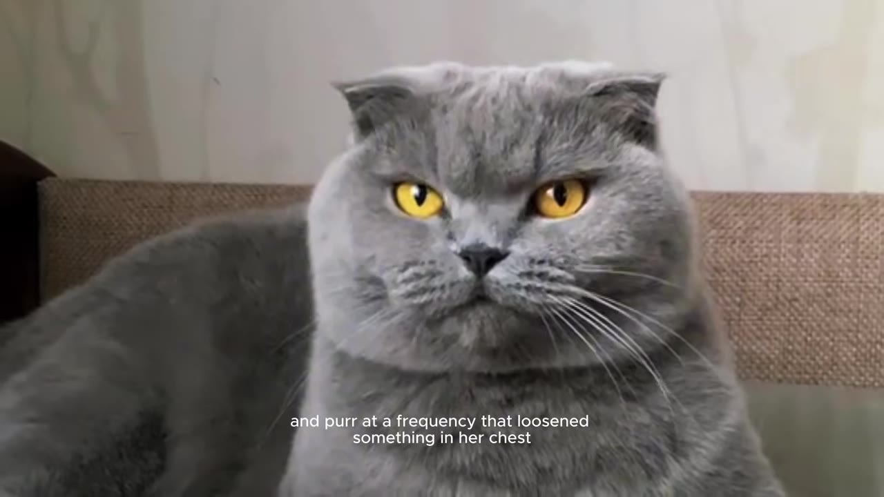 A close-up of a grey Scottish Fold cat with intense, bright yellow eyes staring directly forward.