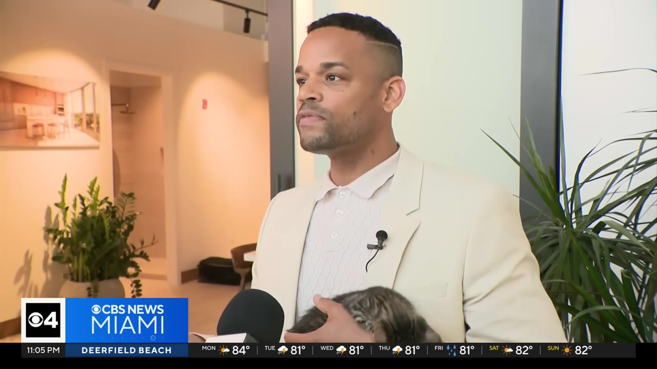 A man in a light-colored blazer holding a small tabby kitten during an interview.