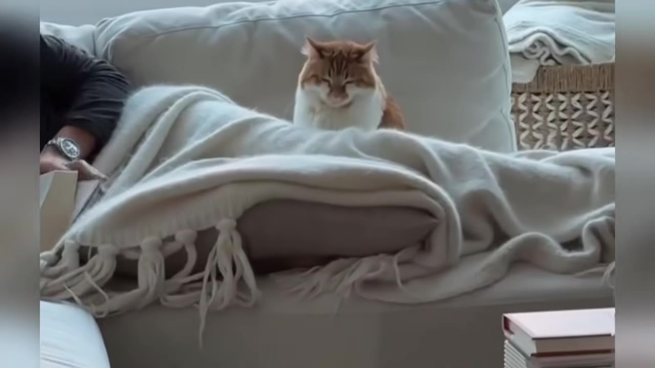 An orange and white cat crouches low behind a white blanket on a couch.