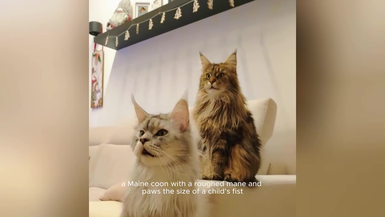Two long-haired cats, one light gray and one brown, sitting together on a light-colored couch.