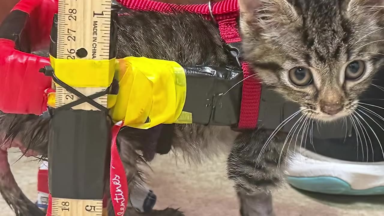 A close-up of a small tabby kitten wearing a makeshift harness and wheelchair frame constructed from wooden rulers, yellow tape, and red straps.